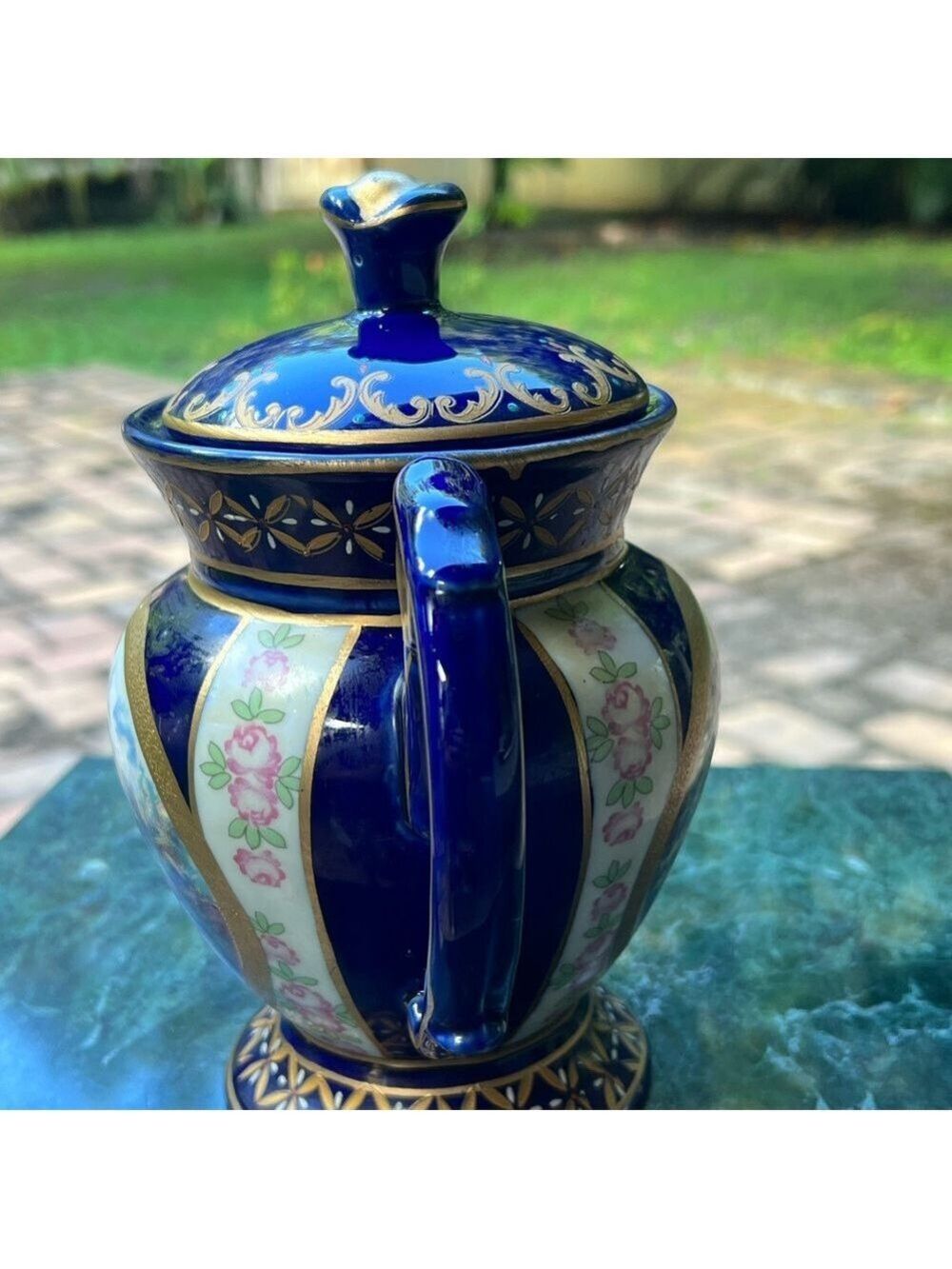 Vintage Venetian Lagoon Tea Pot Cobalt Blue Fine Porcelain with Gold Trims 8" - Picture 4 of 6